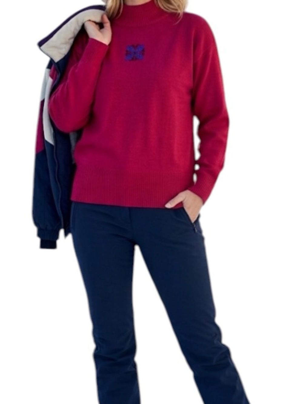 Vintage 90s Edelweiss Alpine Red Wool Blend Ski Sweater|Mock Neck